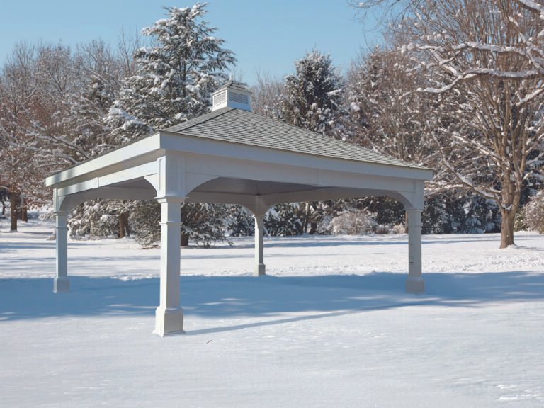 Large White Vinyl Pavilion with a small cupola in the winter snow